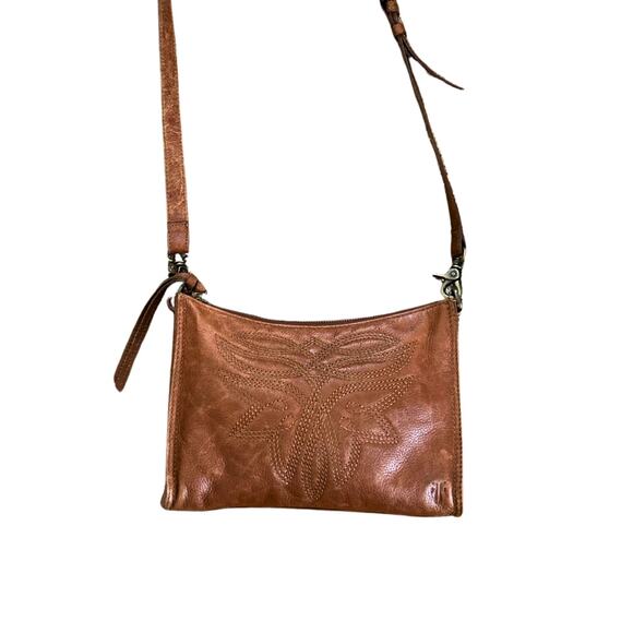 Frye Cognac Leather Crossbody Bag — Embroidered Front, Adjustable Strap - Picture 1 of 5
